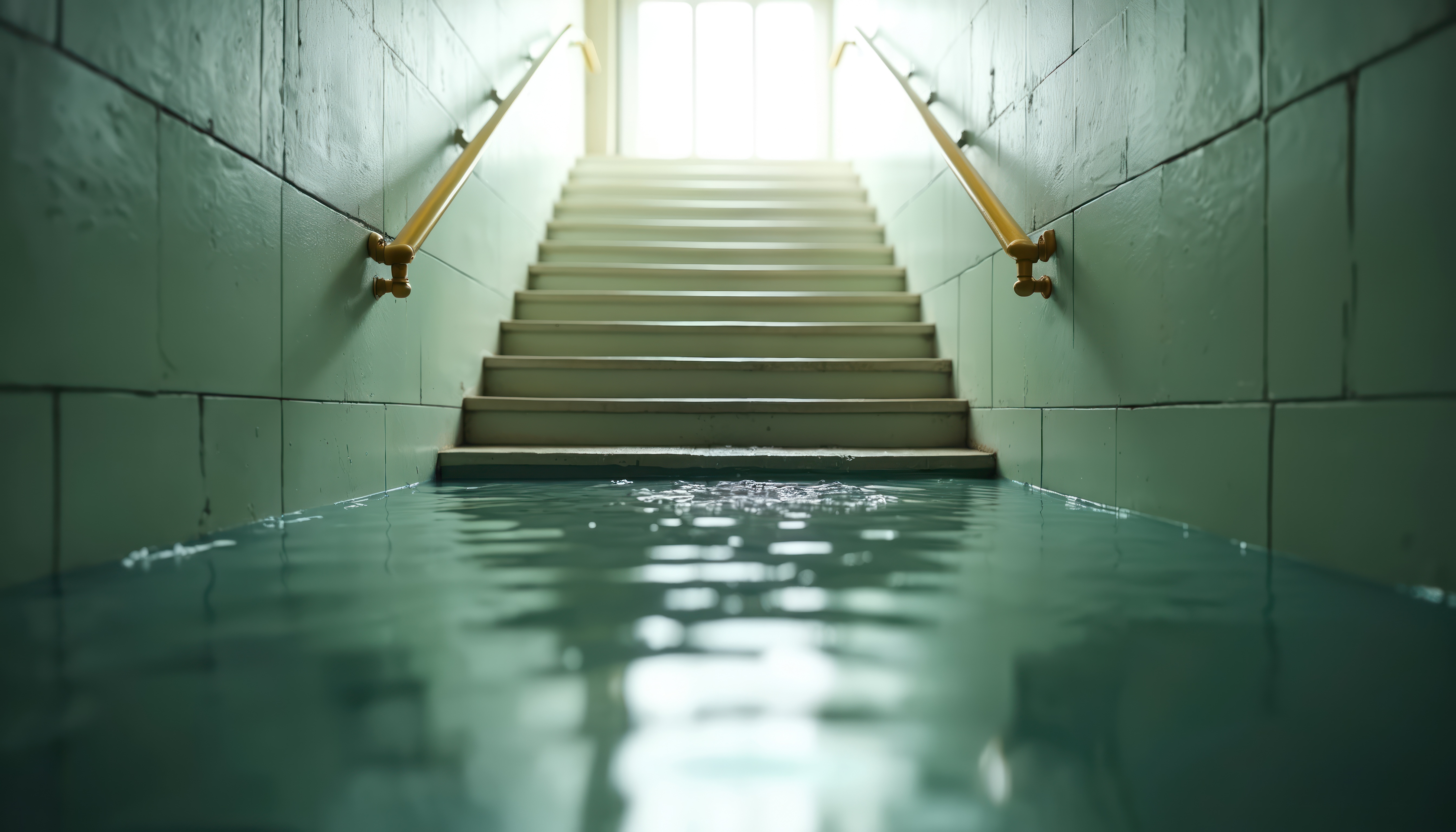 Flooded basement stairwell requiring professional flood damage cleanup in Houston