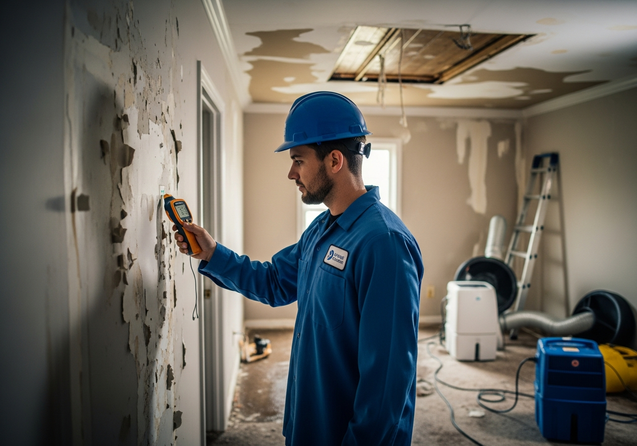 Water damage restoration technician working in Cypress, TX