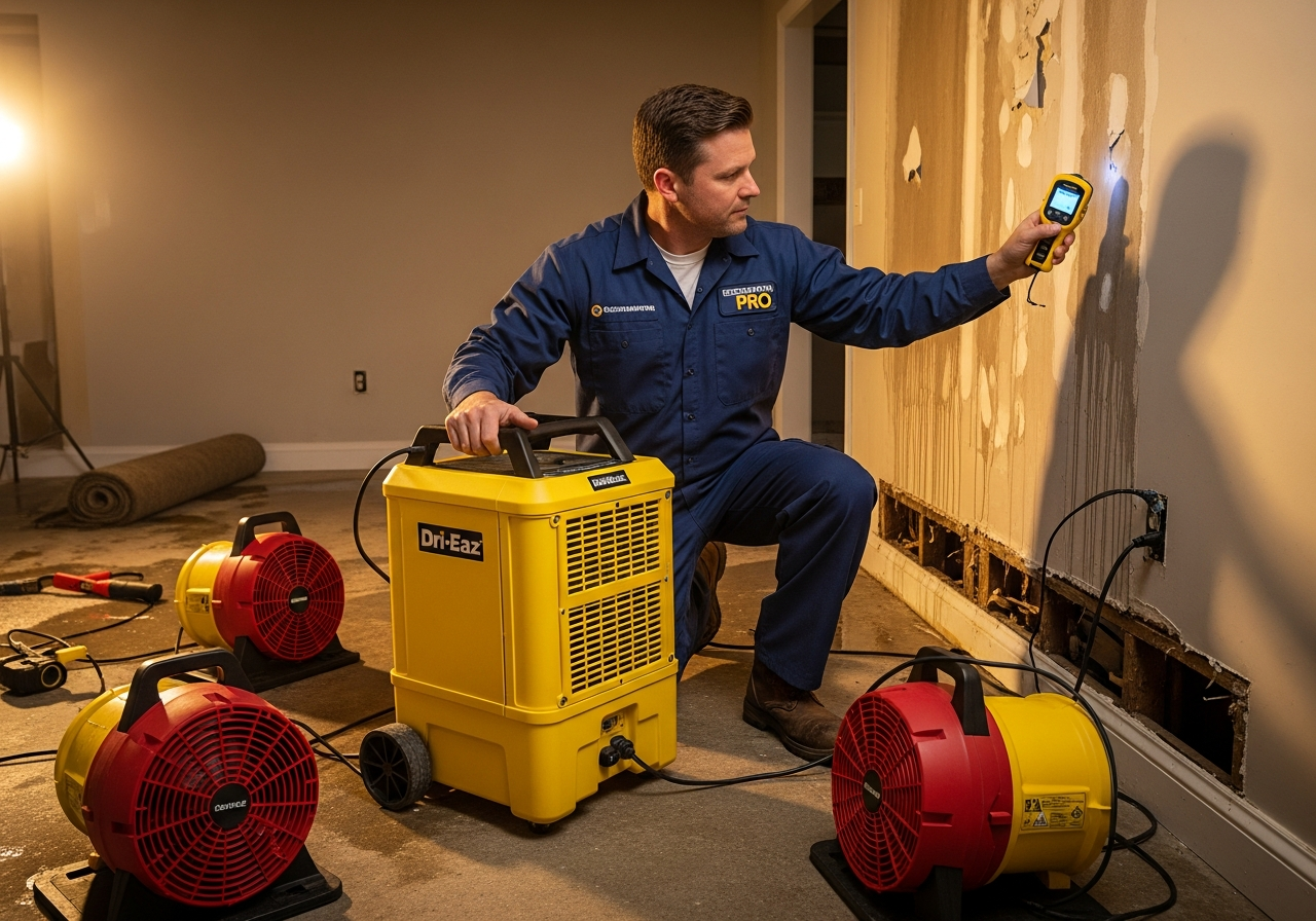 Rhino Water Damage Restoration Houston technician setting up dehumidifier in flooded room