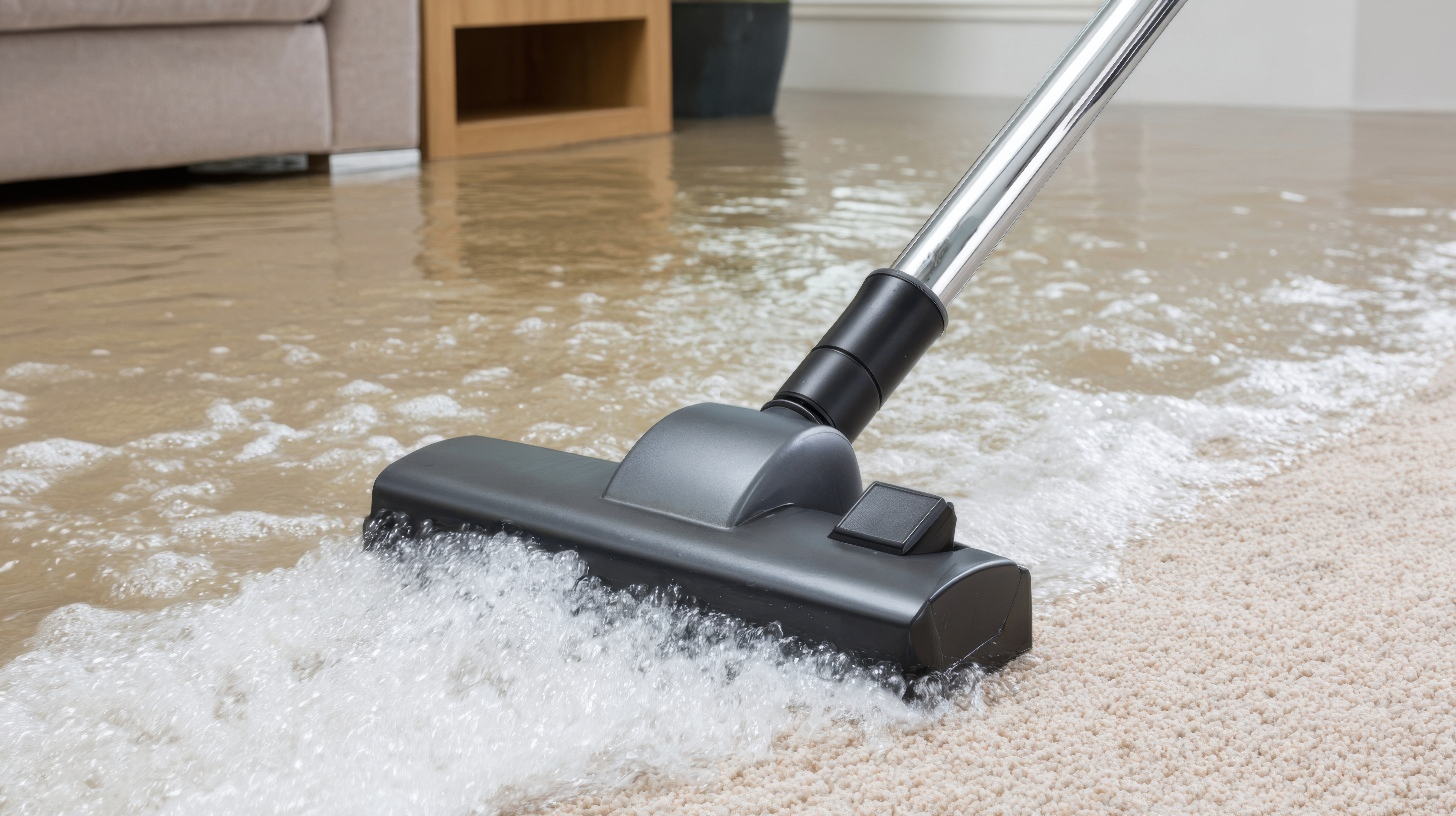 Professional water extraction on flooded carpet in Houston home